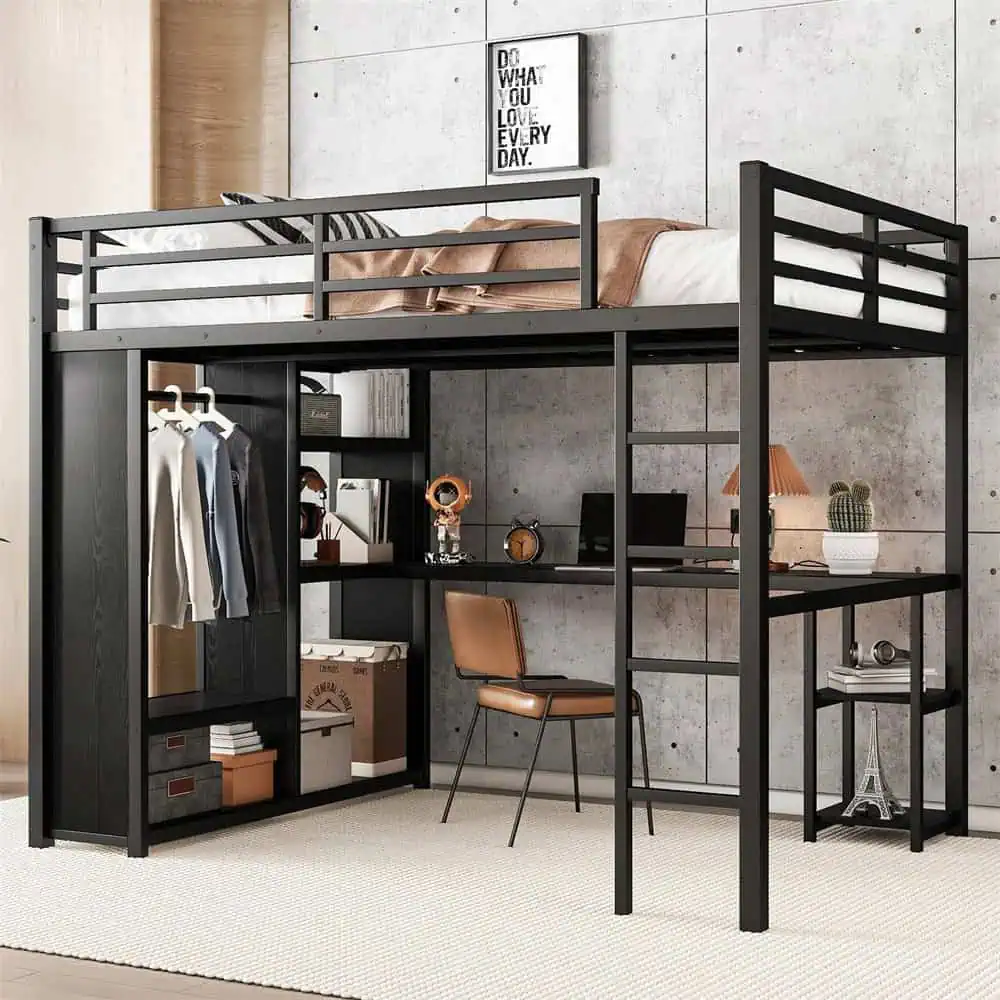 Metal Loft Bed Frame with Built-In Wardrobe, Desk and Shelves