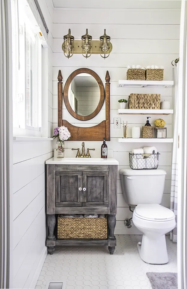Rustic vanity with reclaimed mirror and ship lap madeterra