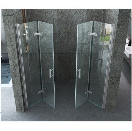 Contemporary small bathroom shower with Foldable Shower Screen glass panel doors, creating a unique walk-in enclosure against a textured dark stone backdrop.