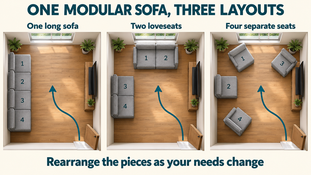 10 EASY ADU DESIGN IDEAS FOR AGING IN PLACE - IN CASE YOU NEED IT ONE DAY 14 modular furniture is easier to move for flexible layouts