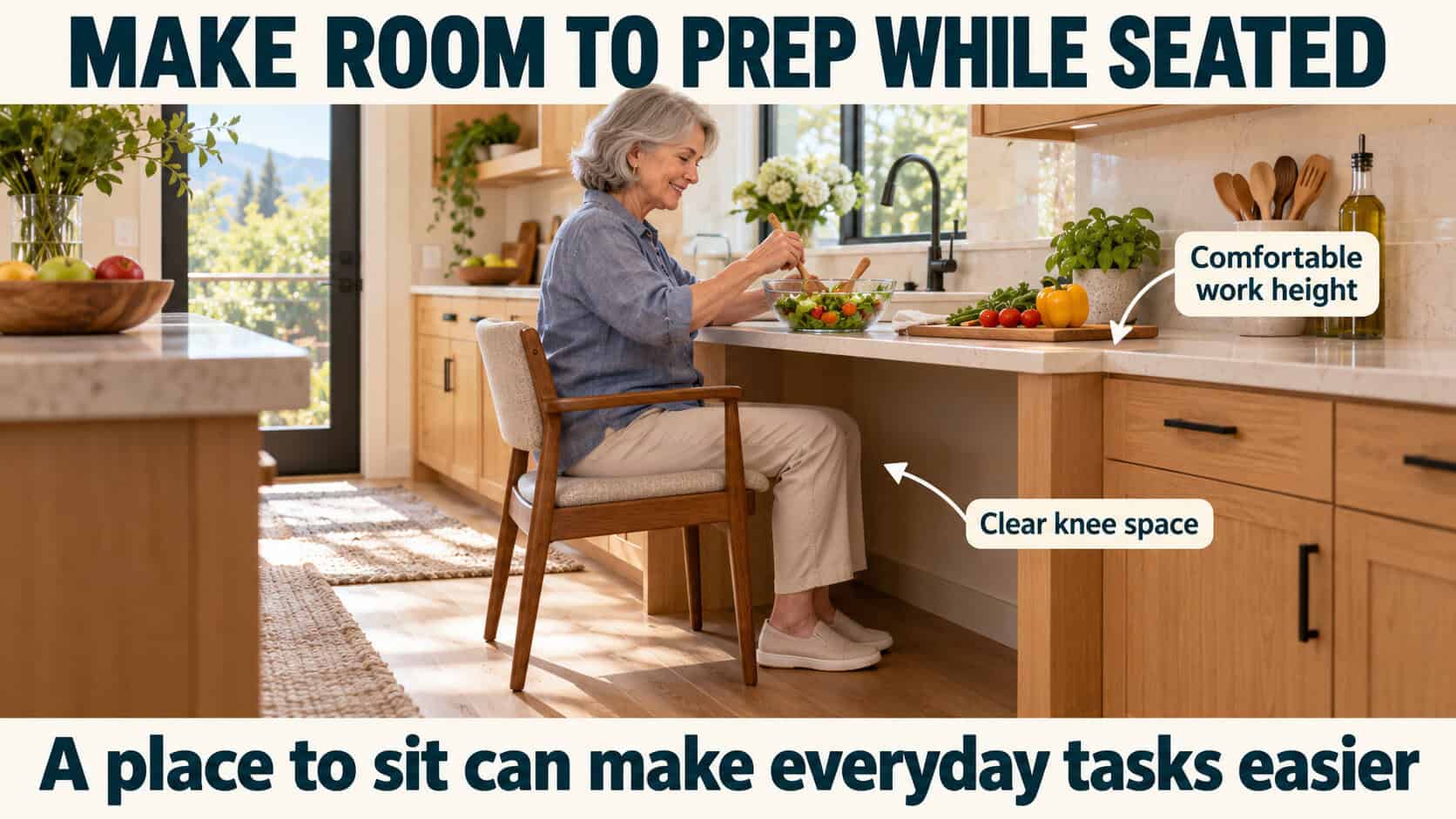 10 EASY ADU DESIGN IDEAS FOR AGING IN PLACE - IN CASE YOU NEED IT ONE DAY 27 room for prep with leg space in kitchen